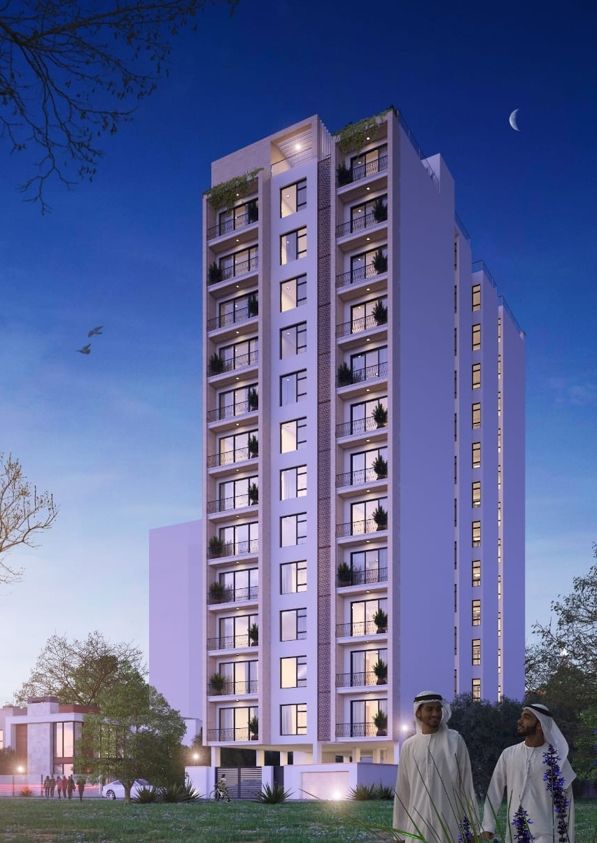 Zuqruf Heights exterior at night