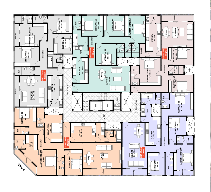 Master floor plan and tower elevation for Zuqruf Residence Phase II